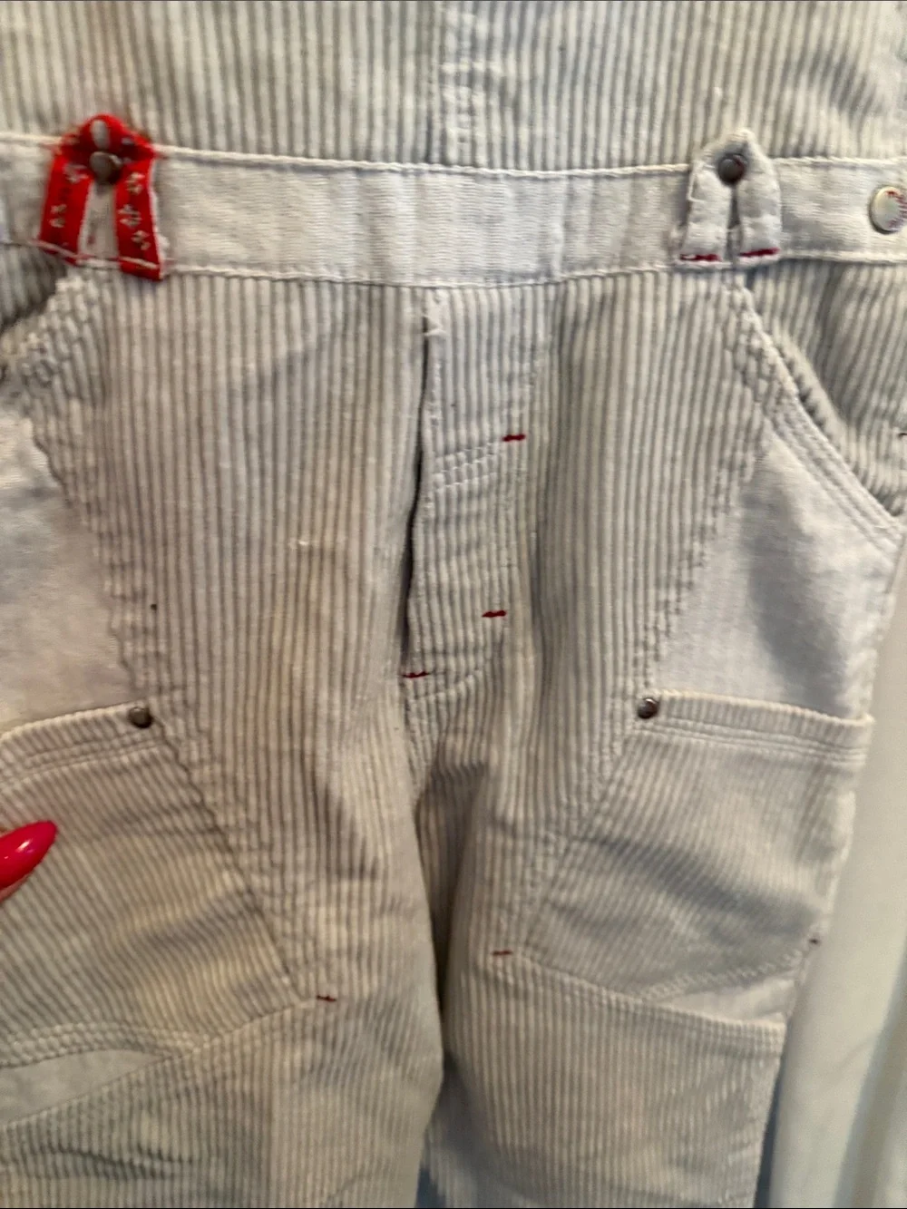 Gymboree Light Gray and White Striped Overalls with Red Train Detail